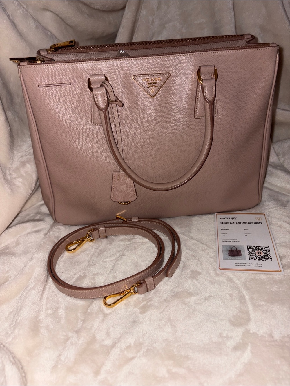 Prada Blush Pink Saffiano Double-Zip galleria with crossbody strap. COA